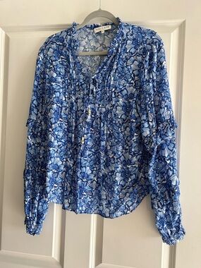 Hale Bob Blue Floral Tie-Neck Blouse